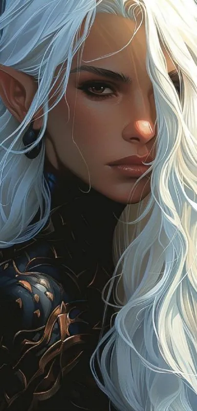 Mystical elf with silver hair in fantasy art wallpaper.