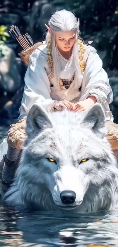 Elf sits on a white wolf in a mystical forest.