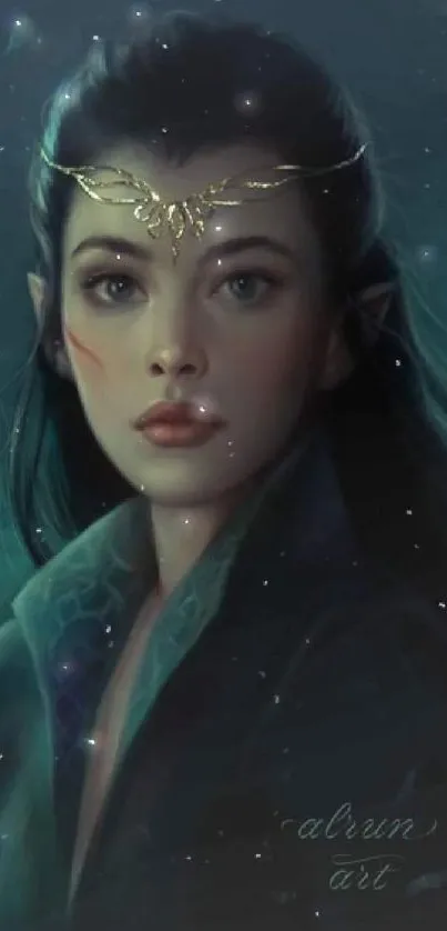 Mystical elven figure with golden headpiece in dark, fantasy-themed artwork.