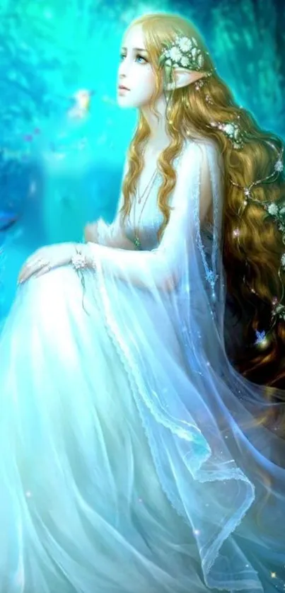 Mystical elven maiden with flowing hair and white dress in teal scenery.