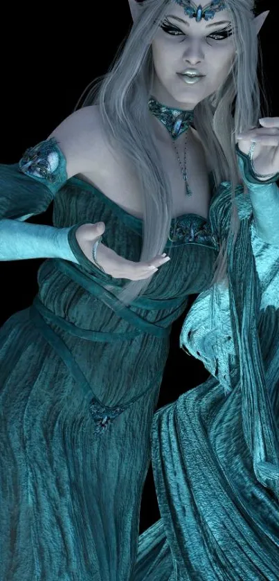 Mystical elven sorceress in teal dress.