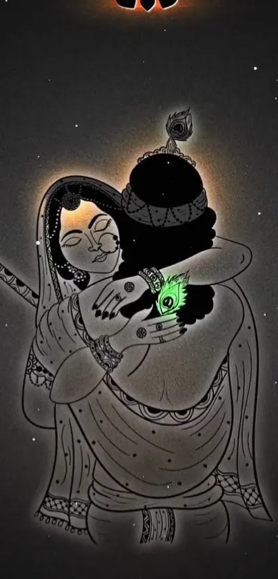 Artistic depiction of a divine embrace in grayscale with a vibrant green accent.