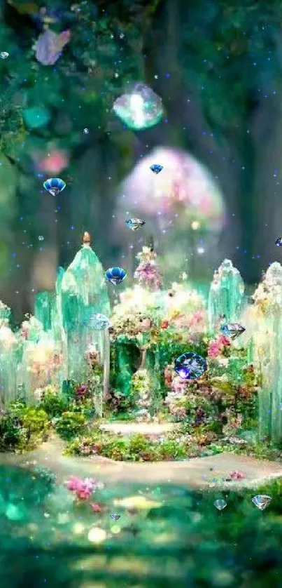 Enchanting emerald garden with crystals and flowers in a mystical setting.