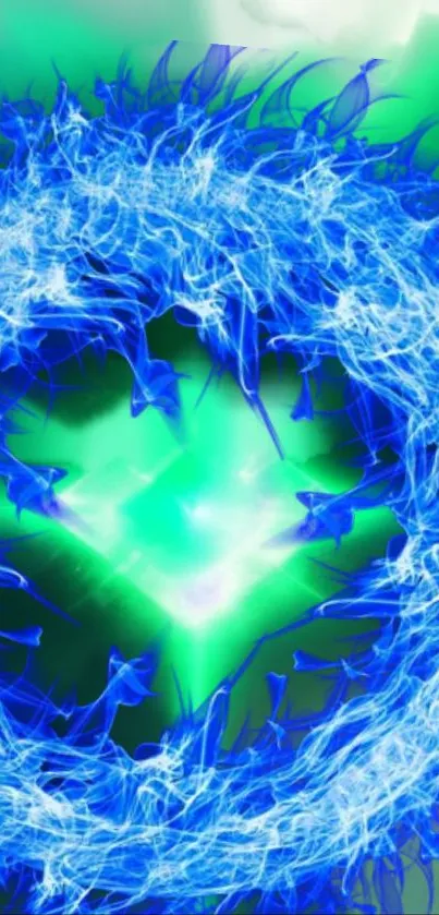 Emerald green landscape with glowing symbol over water.
