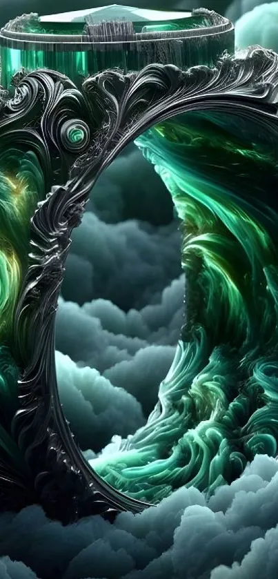 Emerald ring in swirling green clouds fantasy wallpaper.