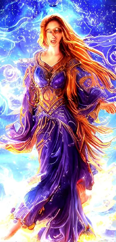 Mystical woman in purple dress enchanting artwork wallpaper.