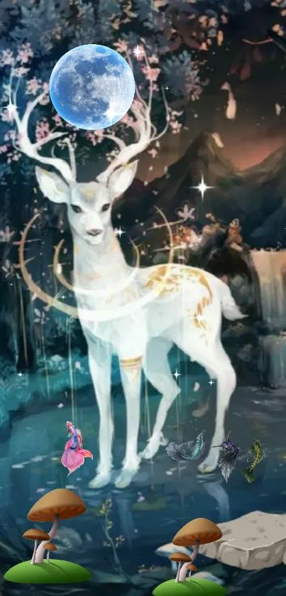 Mystical deer in a moonlit forest by a waterfall.