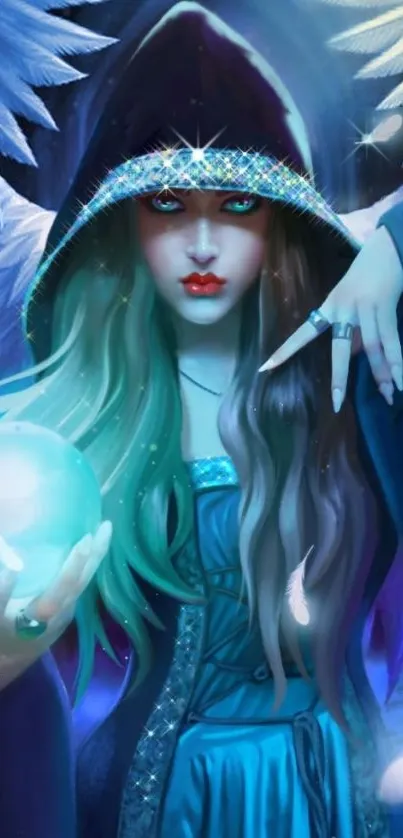 Mystical sorceress with orb in deep blue fantasy art.