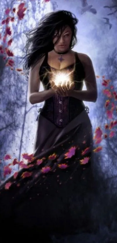 Fantasy woman in mystical forest with glowing aura and swirling leaves.