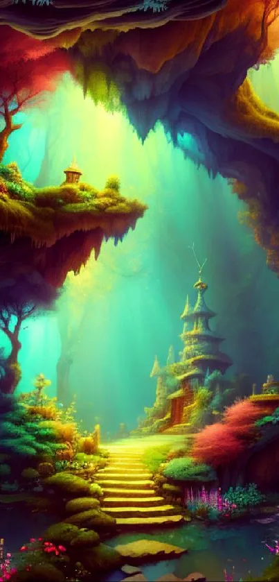 Vibrant fantasy forest with magical elements and colorful scenery.