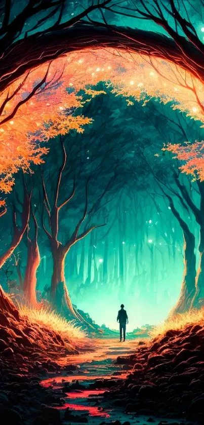 A mystical, brightly lit forest path in vibrant colors.