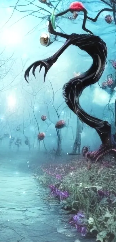 Mystical forest with dark twisting tree and dreamy turquoise hues.