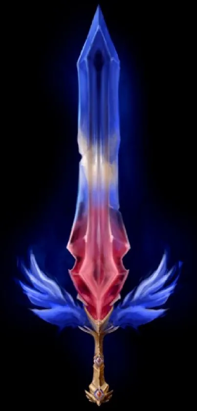 Fantasy sword with vibrant colors on black background.