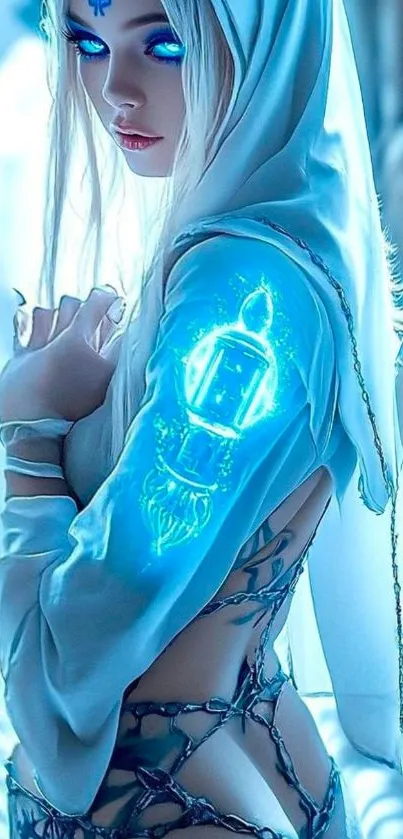 Mystical sorceress with glowing tattoo art