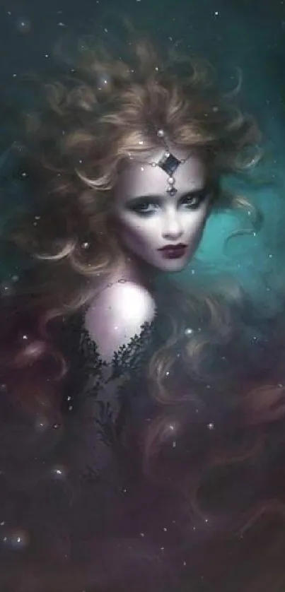 Mystical woman in swirling mist with teal and dark tones.