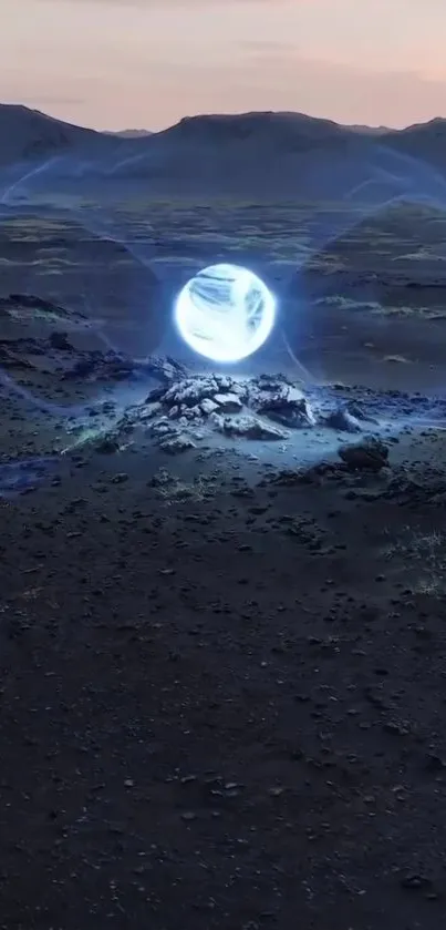 Mystical landscape with glowing energy orb in a rugged terrain.