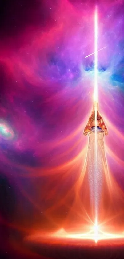 Vibrant mystical energy sword with cosmic background.