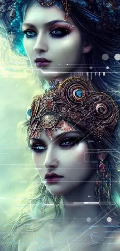 Ethereal fantasy art wallpaper with mystical figures in intricate headdresses.