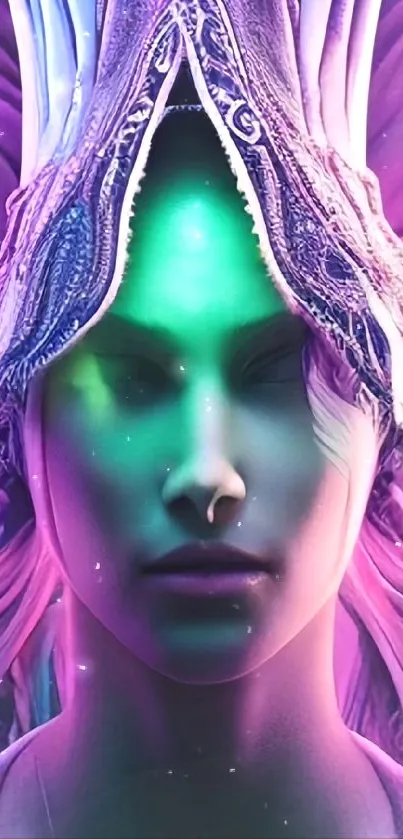 Ethereal portrait wallpaper with purple and green hues.