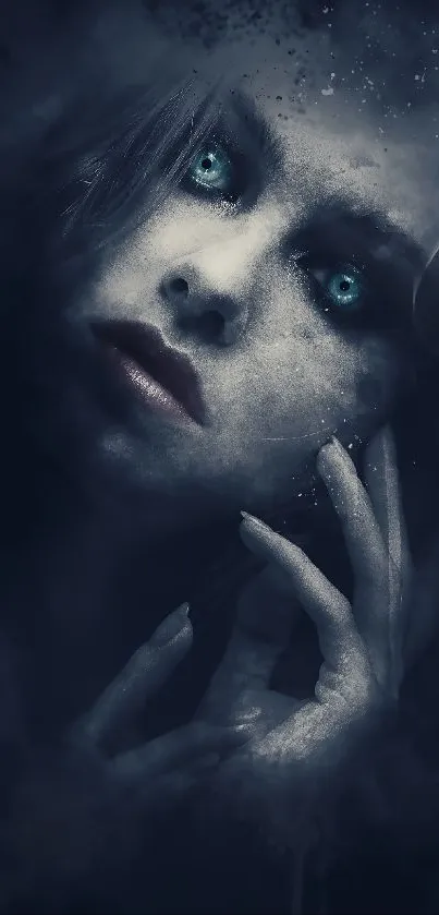 Ethereal portrait with blue eyes over a dark background.