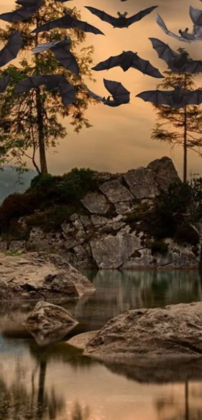 Bats flying over rock island in a serene lake at dusk.