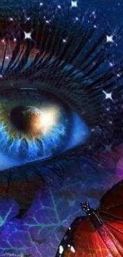 Mystical eye with butterfly and stars in vibrant colors.