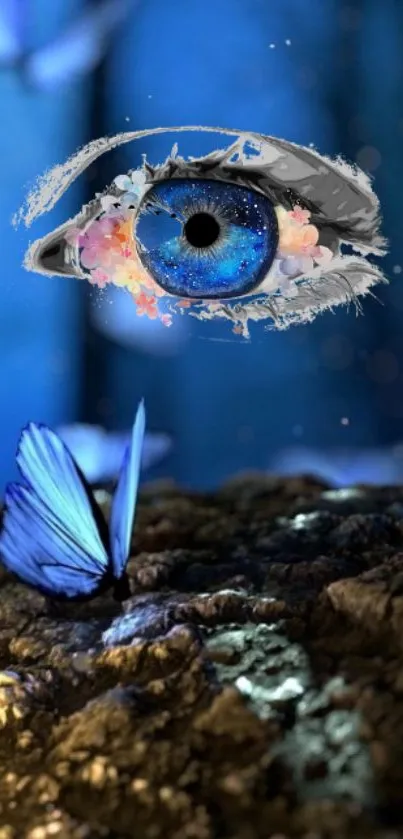 Mystical eye and blue butterfly art on a nature-themed mobile wallpaper.