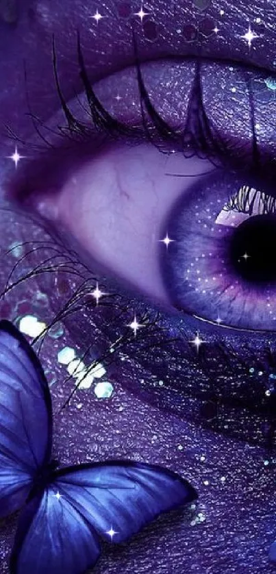 Close-up of a mystical eye with glitter and a butterfly in vibrant purple hues.