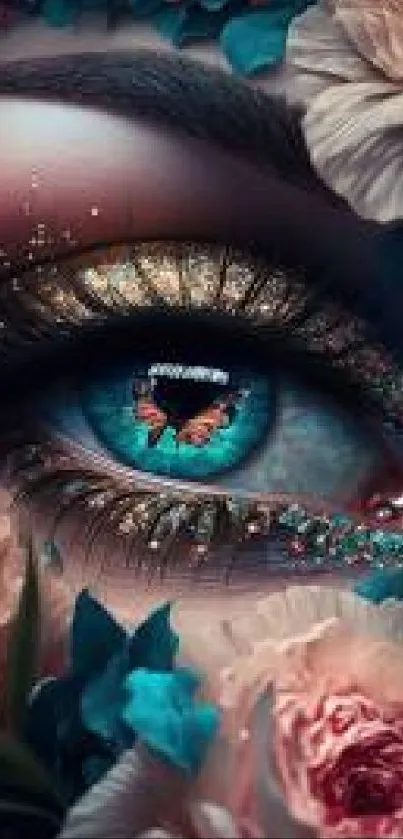 Mystical eye surrounded by roses and butterfly accent.