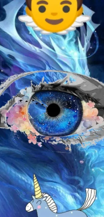 Vibrant blue eye with unicorn and emoji, set in swirling blue fantasy art.