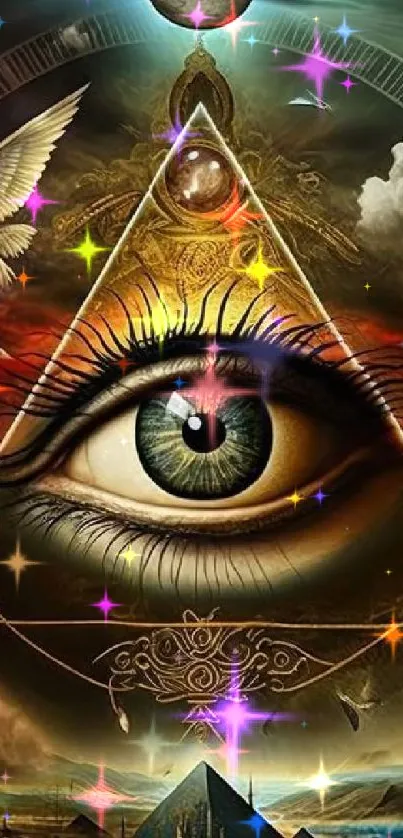 Mystical eye with pyramids in cosmic wallpaper.