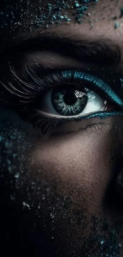 Mystical art wallpaper featuring an eye with teal shimmering dust.