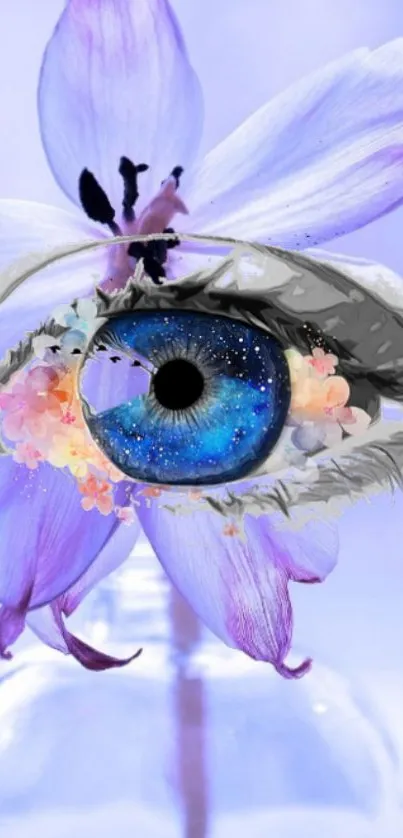 Surreal eye with floral design and purple tones in a mystical wallpaper.