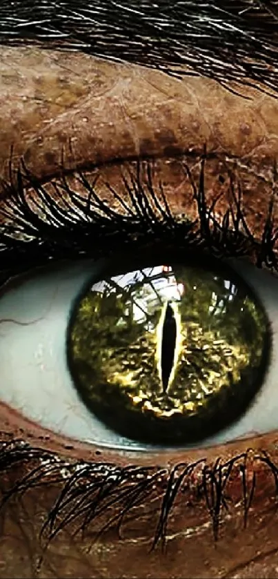 Close-up of a mystical eye with reptilian features and a golden iris.