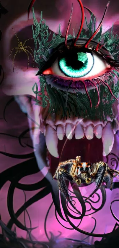 Fantasy creature with an eye and fangs on a vivid purple background.