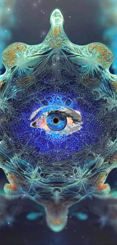 Mystical eye digital art with turquoise patterns.