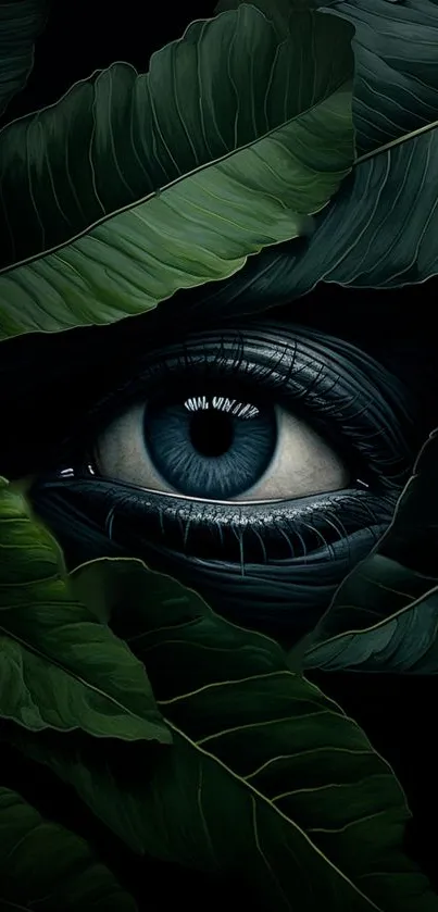 An eye peeks through intricate green leaves on a dark mobile wallpaper.