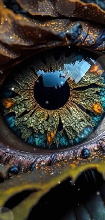 Close-up of a mystical eye and leaf design with vibrant colors.