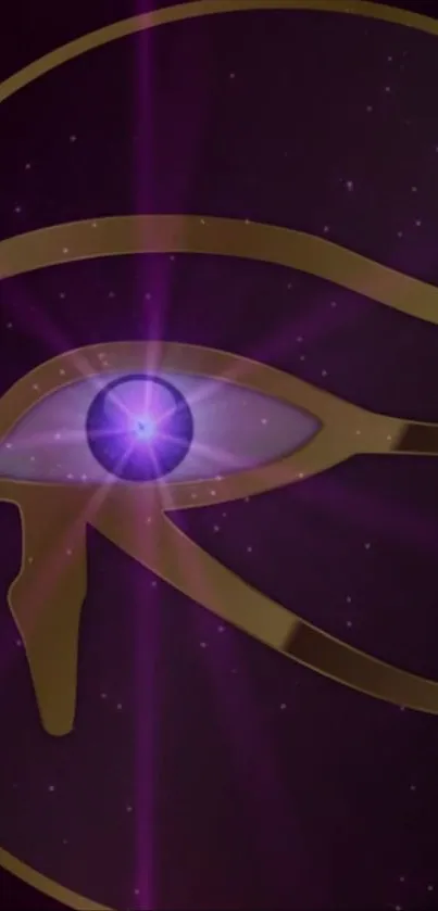 Mystical Eye of Horus with purple glow on wallpaper.