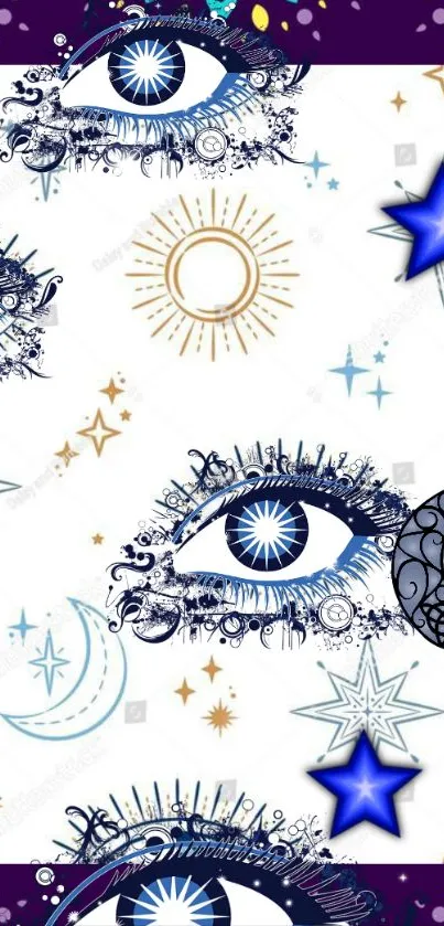 Mystical wallpaper with eyes and celestial symbols in blue and gold hues.