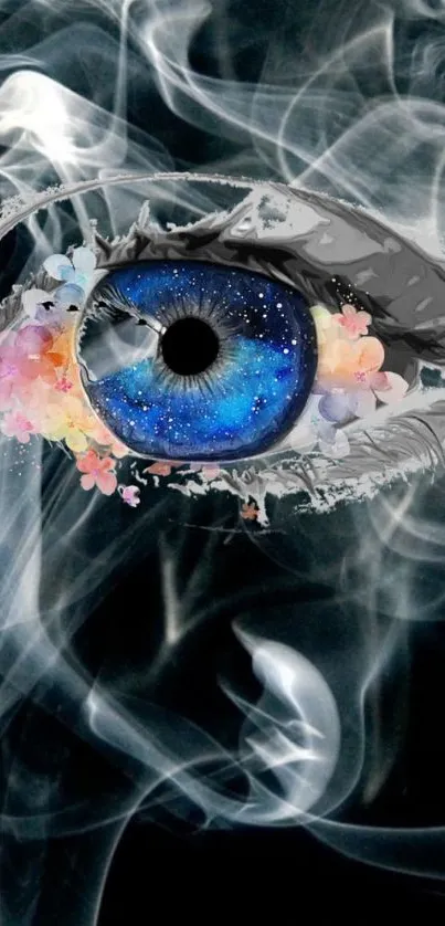 Mystical eye with cosmic design on phone wallpaper.