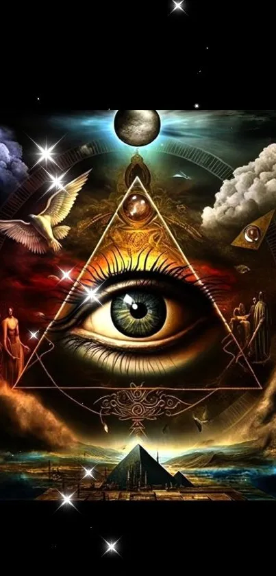 Surreal mystical eye within a pyramid, dark background.