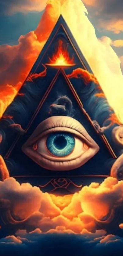 Mystical eye pyramid with fiery clouds.