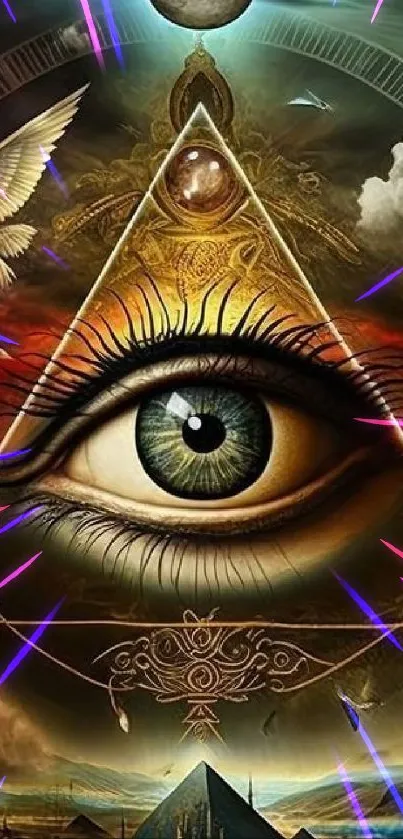 Mystical art wallpaper with an eye at the pyramid's center surrounded by symbolic elements.