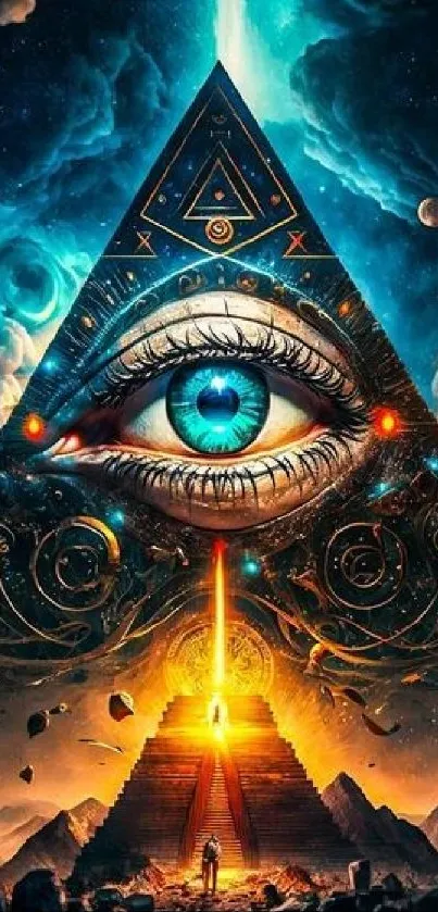 Pyramid with eye amidst cosmic clouds and vibrant colors on mobile wallpaper.