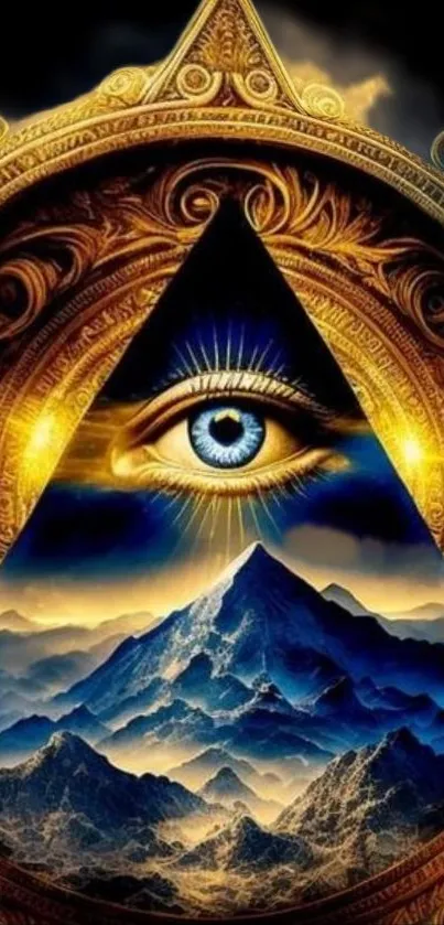 Mystical golden pyramid with an eye over mountains wallpaper.