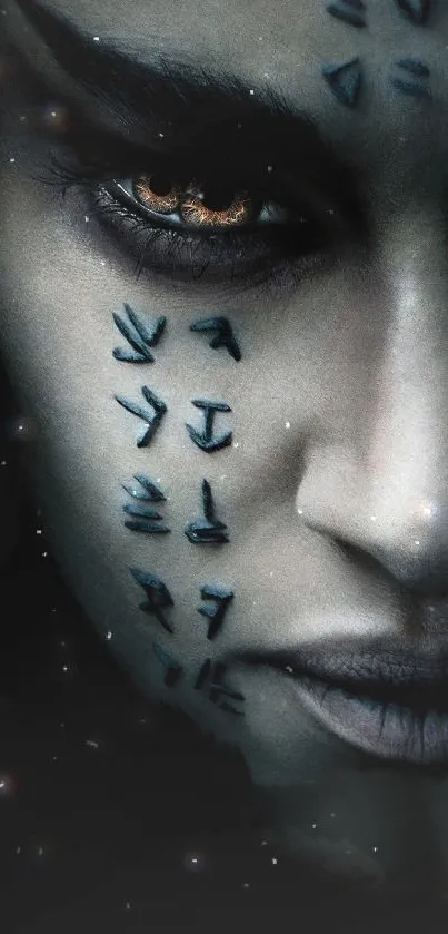 Mystical face with rune symbols and captivating eyes, dark fantasy wallpaper.