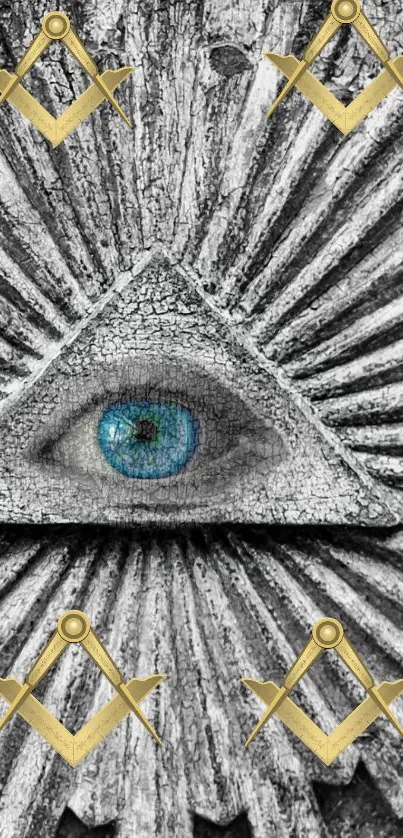 Mystical eye within a textured triangle symbol pattern on wallpaper.