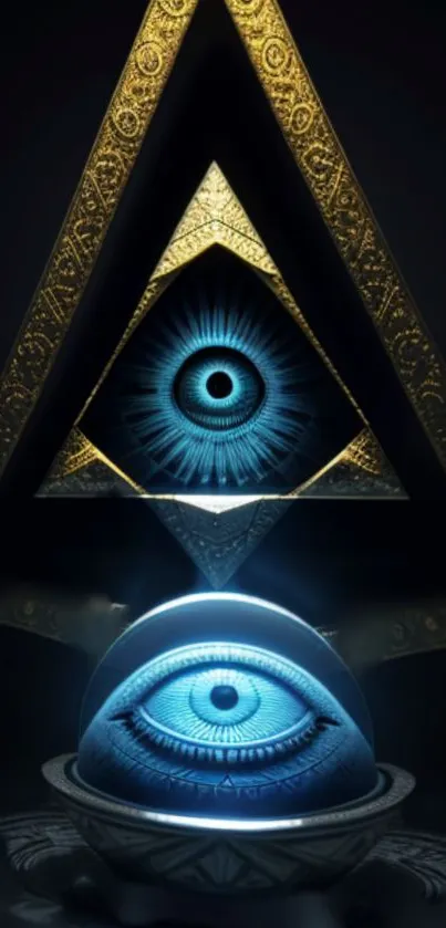 Mystical eye within golden triangle on wallpaper.