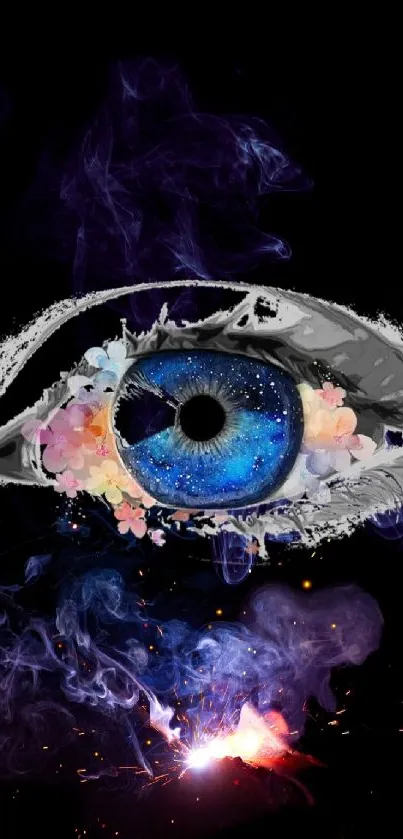 Mystical eye with vibrant cosmic colors on a black background.